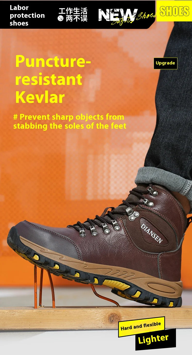 Botas de seguridad de trabajo indestructibles de cuero impermeables para hombre, botas militares para exteriores, zapatos industriales antigolpes y antipinchazos para hombre