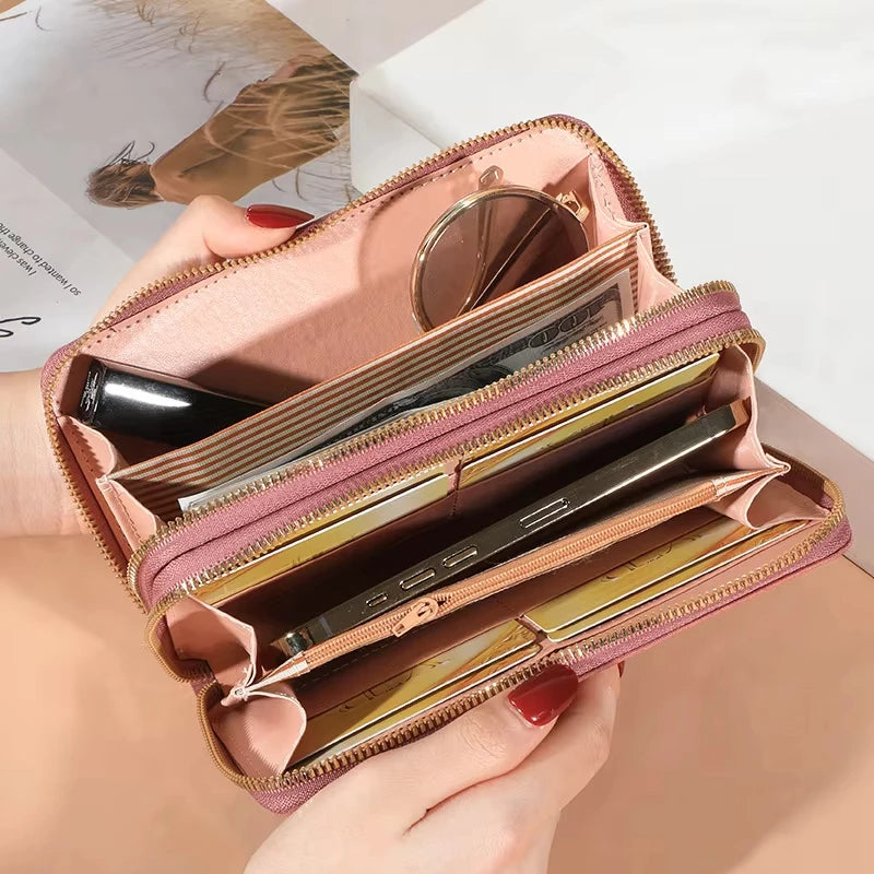 Cartera larga para mujer, monederos con borlas, tarjetero, billeteras con doble cremallera, bolso de mano de cuero Pu, bolso de lujo para dinero y teléfono