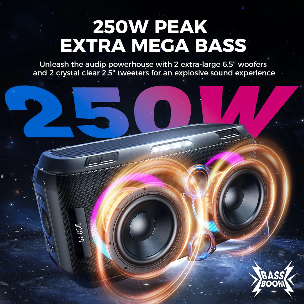 W-KING Altavoz Bluetooth grande PEAK de 250W, el más ruidoso/masif, 120dB/12 graves personalizados, altavoz portátil Boombox de fiesta grande V5.3 inalámbrico