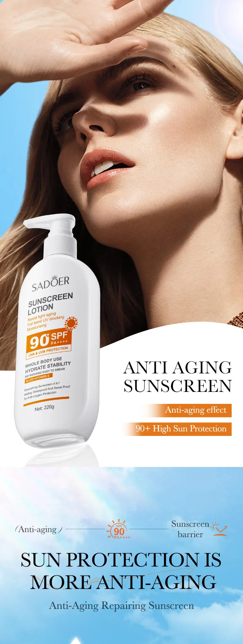 Loción solar súper 220ml con vitamina E para el cuerpo y la cara SPF 90 PA++++ Uso del cuerpo entero Protege + Hidratación
