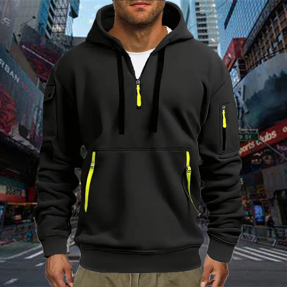 Sudadera deportiva informal para hombre, jersey de manga larga de Color sólido a la moda para primavera y otoño con bolsillo en el brazo y cuerda de tracción de talla grande