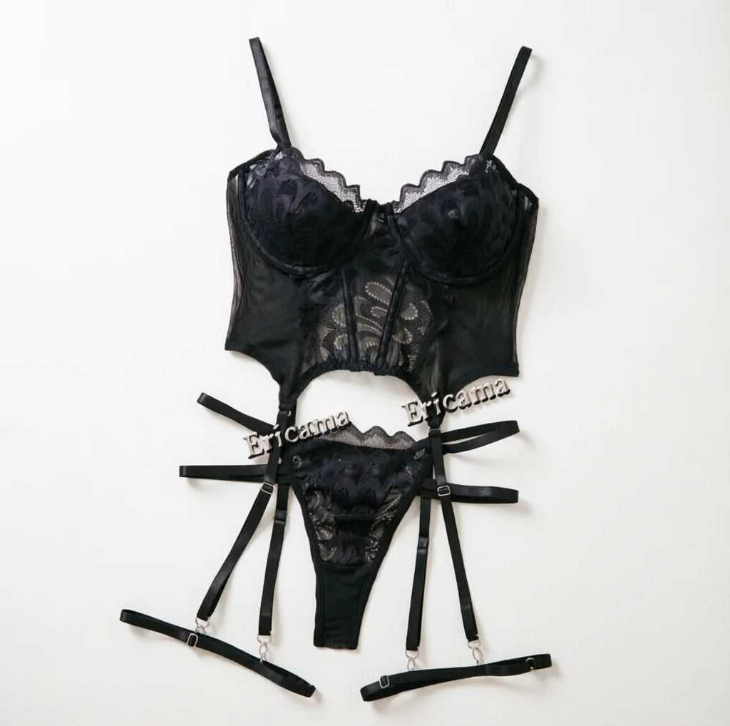 Conjunto de lencería erótica de encaje con decoración de lazo, sujetador íntimo calado con tiras, Tanga y liguero, lencería y ropa interior Sexy para mujer