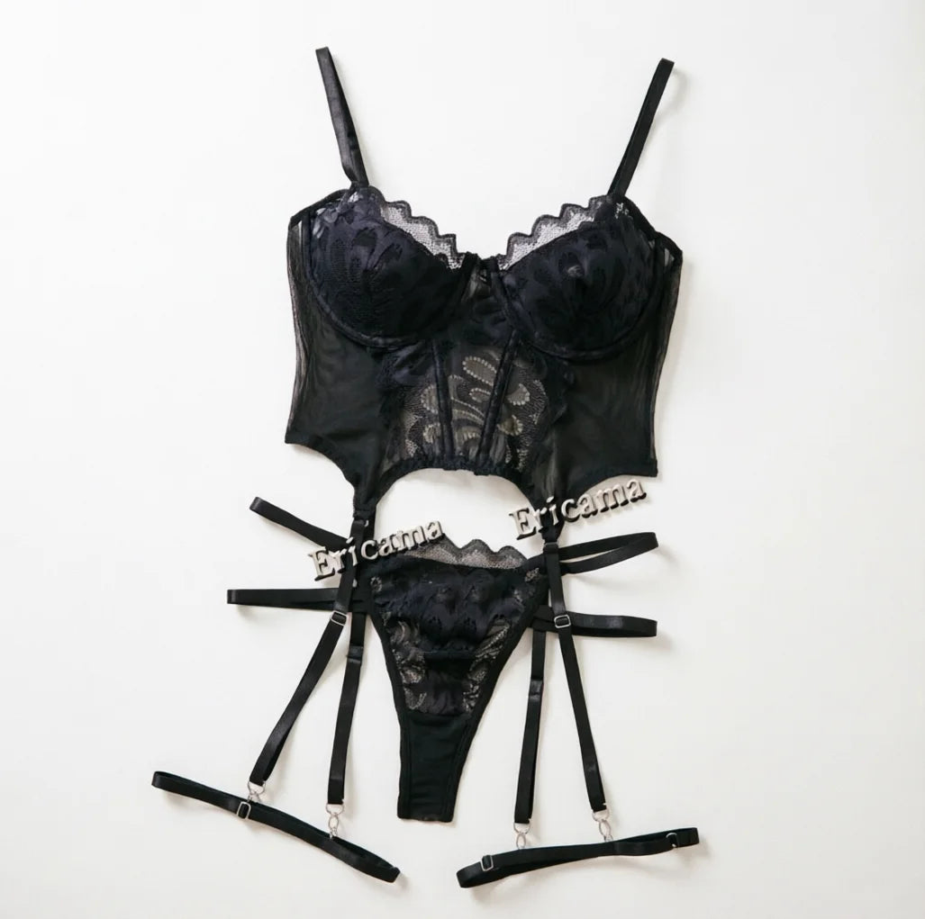 Conjunto de lencería erótica de encaje con decoración de lazo, sujetador íntimo calado con tiras, Tanga y liguero, lencería y ropa interior Sexy para mujer