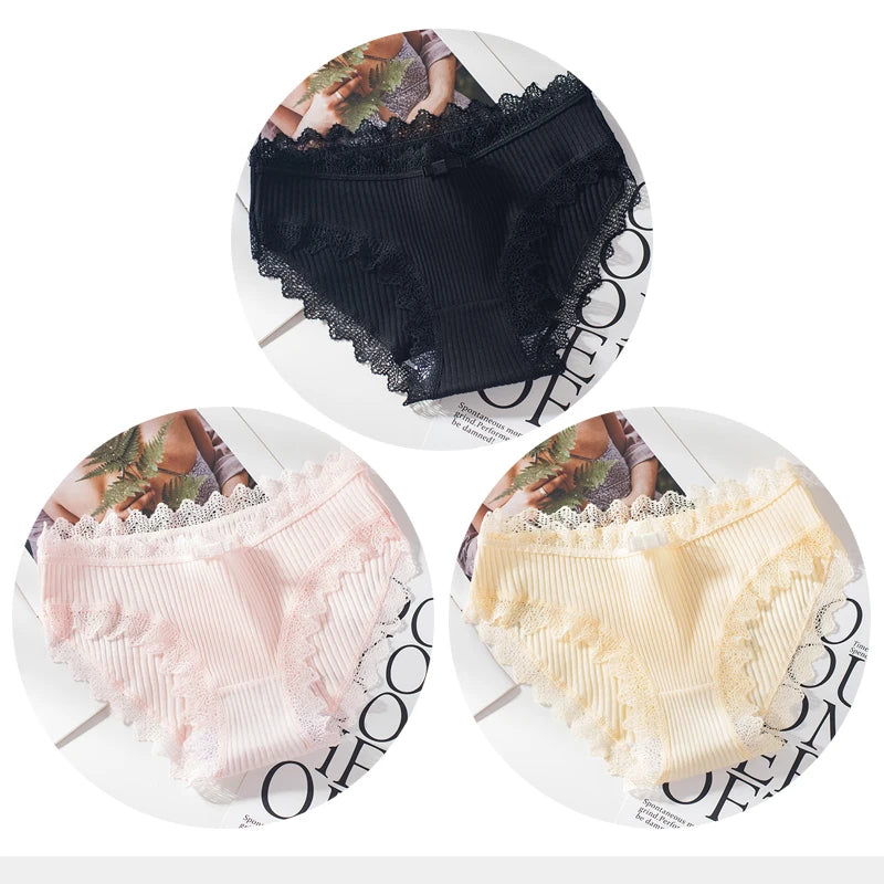 Bragas de algodón para mujer, bragas de encaje sexis, bragas de Color sólido para niñas, juego de ropa interior, ropa interior, Dropshipping 3 unids/lote