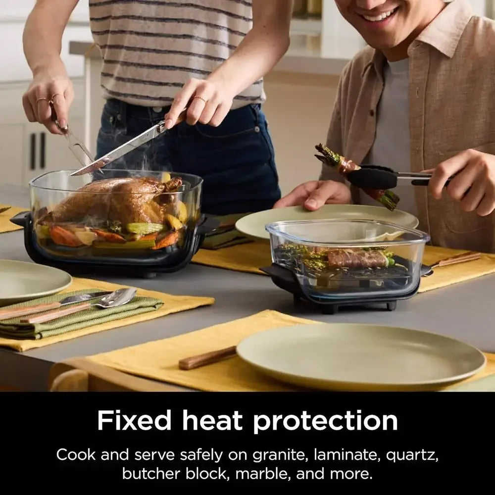 Sistema de Cocina Portátil 5 en 1 con Freidora de Aire de Vidrio, 1500W, Contenedores de 6 Tazas, 4 Cuartos y 2.5 Cuartos, Apto para Microondas, Congelador y Lavavajillas