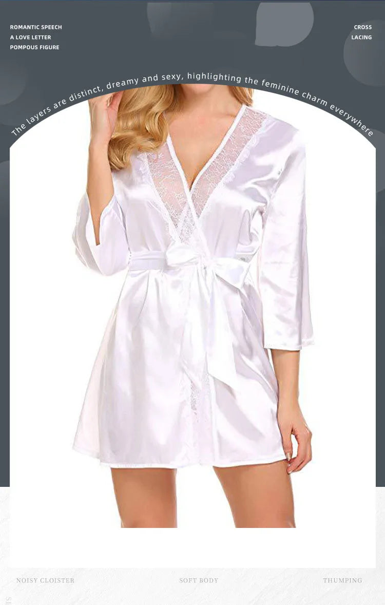 Bata de satén de encaje Sexy para mujer, ropa de dormir, camisón corto, Kimono, albornoz, lencería, camisón, vestido suave y cómodo negro de talla grande