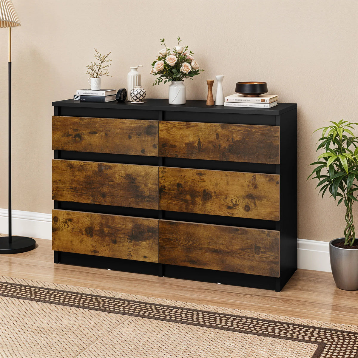 YITAHOME Cómoda de 6 cajones: moderna unidad de almacenamiento para dormitorio de 100x30x70 cm, MDF duradero y aglomerado para ropa y elementos esenciales