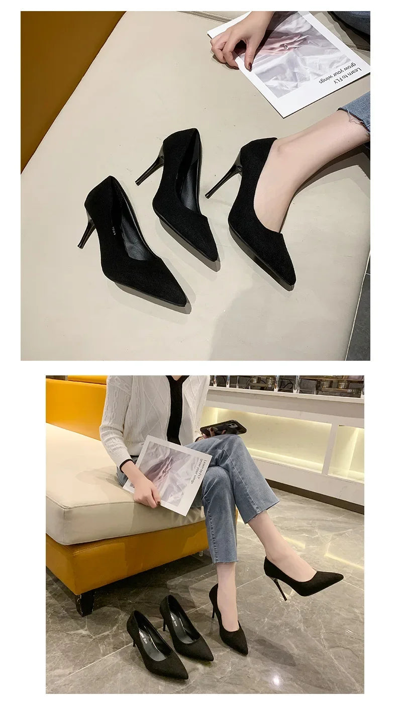 Primavera y otoño nuevos tacones altos negros Mujer boca poco profunda puntiaguda delgada con temperamento Sexy Zapatos individuales Zapatos De Mujer