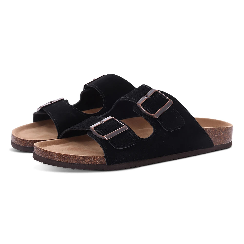 Comwarm Zapatillas tipo zuecos de ante para mujer, mulas de cuero, zapatillas planas clásicas de corcho para hombre, sandalias con reposapiés de corcho para exteriores con soporte para arco