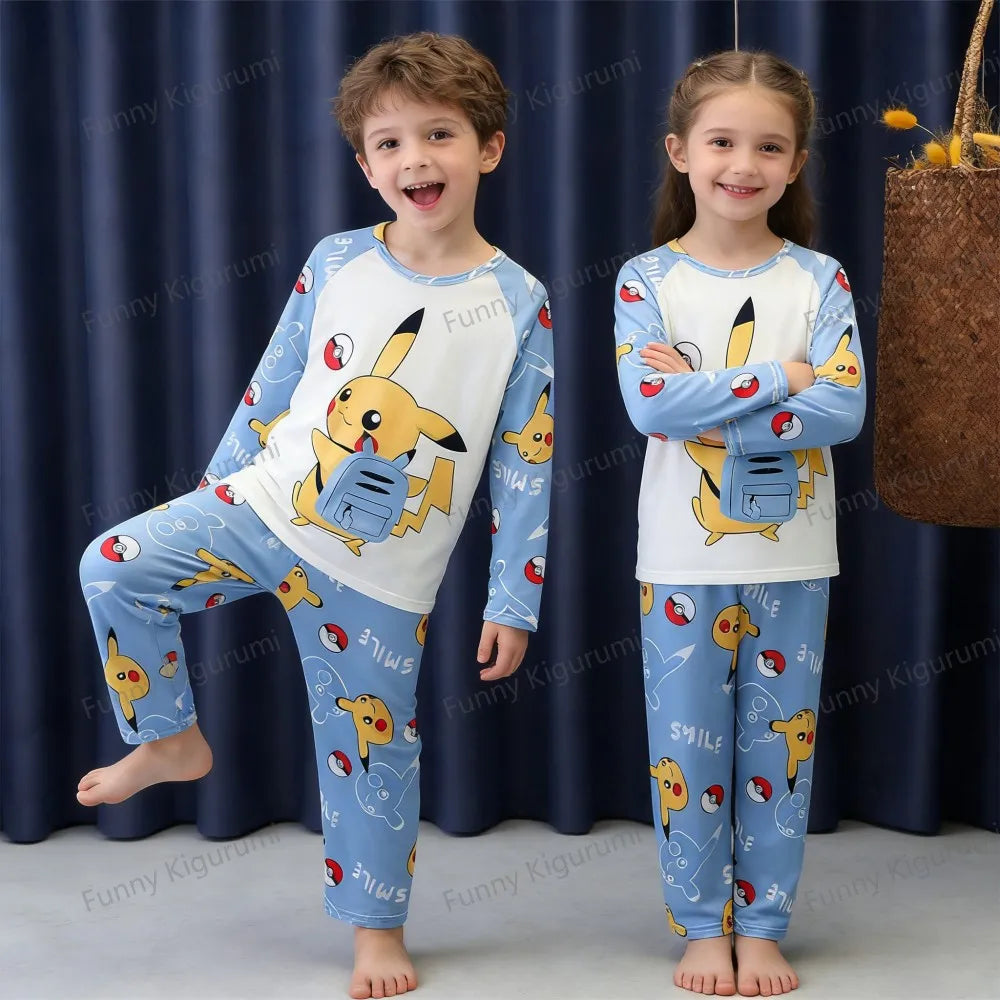 Pijamas de dibujos animados para niños de 3 a 5, 7, 9, 11 y 13 años, conjuntos de ropa para el hogar para niños, pijamas de Pikachu de manga larga para niñas, ropa de descanso para adolescentes