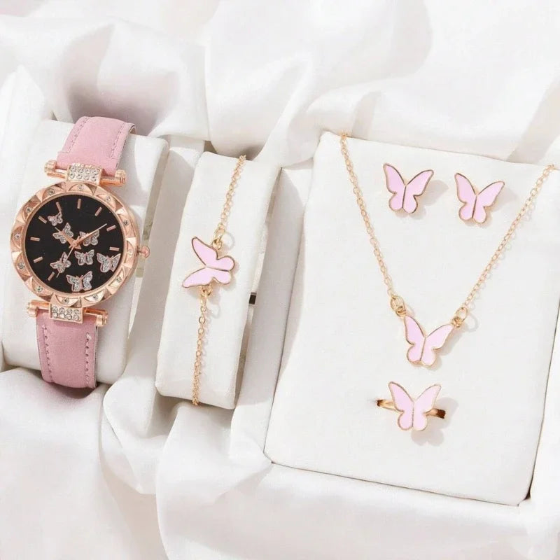 Conjunto de joyería de mariposa (sin caja), relojes para mujer, relojes de cuero para mujer, anillos, collar, pendientes, pulsera, regalo de boda