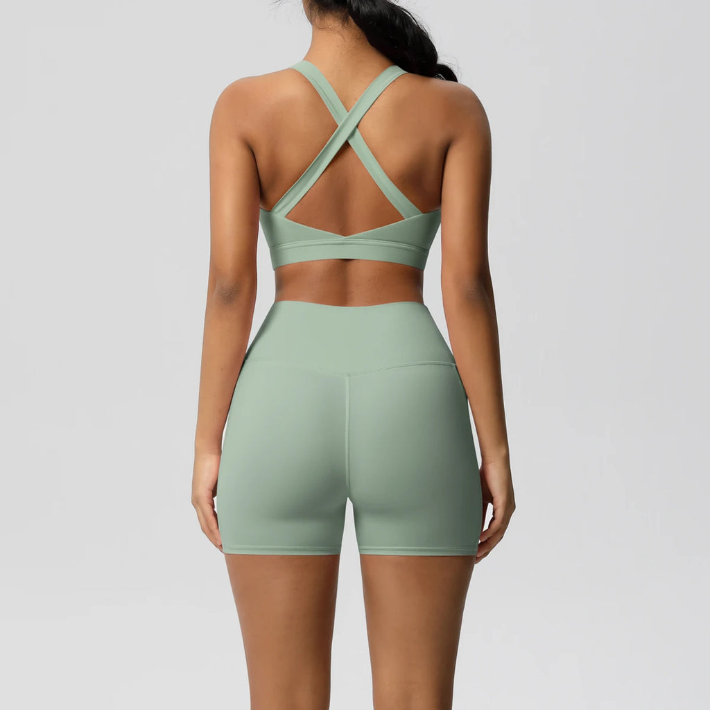 Ropa deportiva con bolsillo para mujer, conjunto de Yoga, ropa de gimnasio, trajes de Yoga para mujer, chándales, pantalones cortos deportivos, sujetador cruzado, mallas de gimnasio, 2 uds.