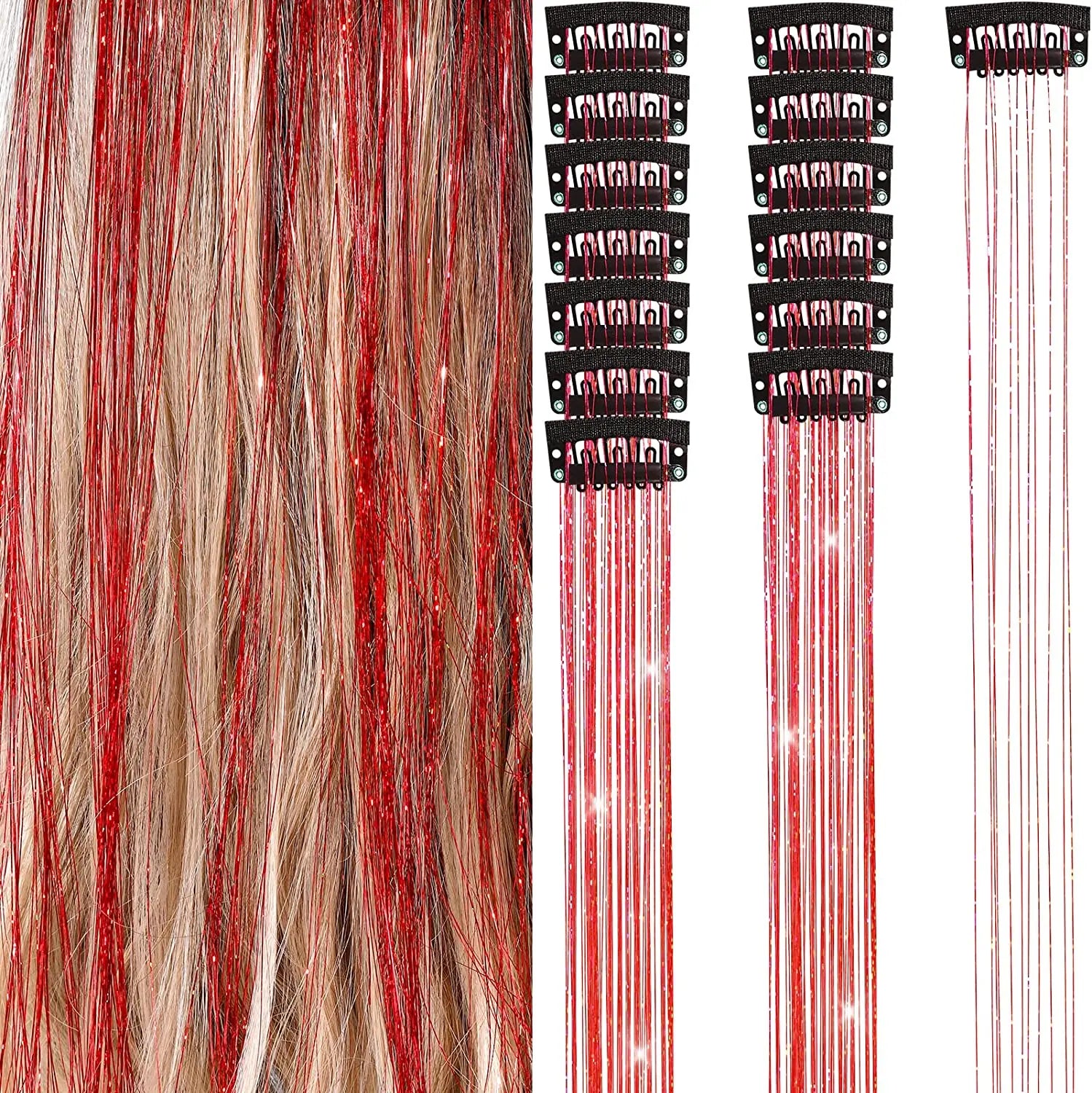 6 uds 50cm chispeantes pelo brillante oropel extensiones de cabello oropel extensiones de Clip de pelo sintético mujeres para tocado trenzado