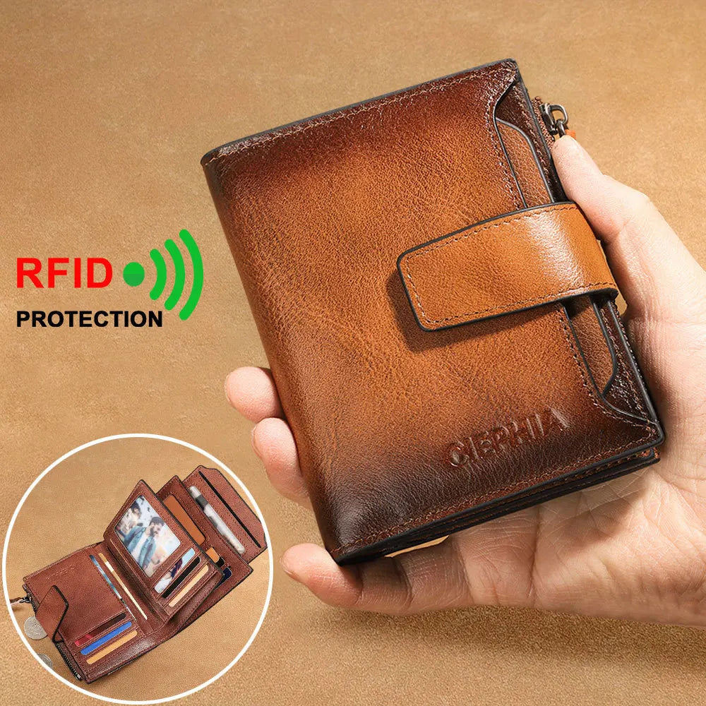 CIEPHIA Cartera Retro de cuero genuino para hombre, monedero antirrobo con cremallera, capa superior de piel de vaca, uso diario informal de negocios