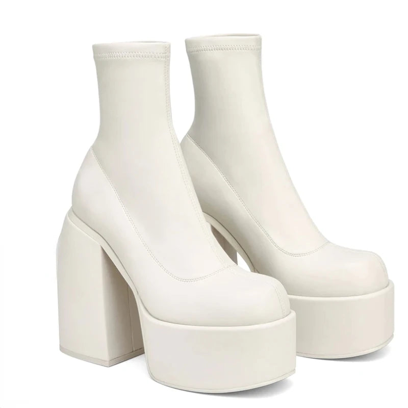 Botas modernas con tacones de plataforma para mujer, botas de cuero con punta redonda, tacones gruesos, zapatos de tacón de bloque de diseñador con cremallera, zapatos informales a la moda para chicas