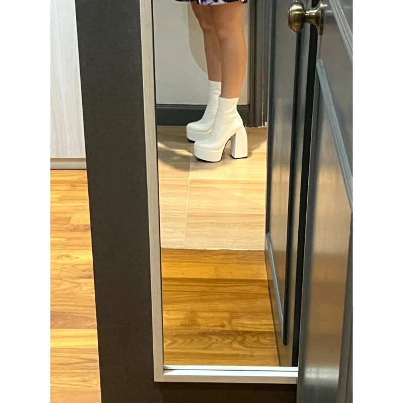 Botas modernas con tacones de plataforma para mujer, botas de cuero con punta redonda, tacones gruesos, zapatos de tacón de bloque de diseñador con cremallera, zapatos informales a la moda para chicas