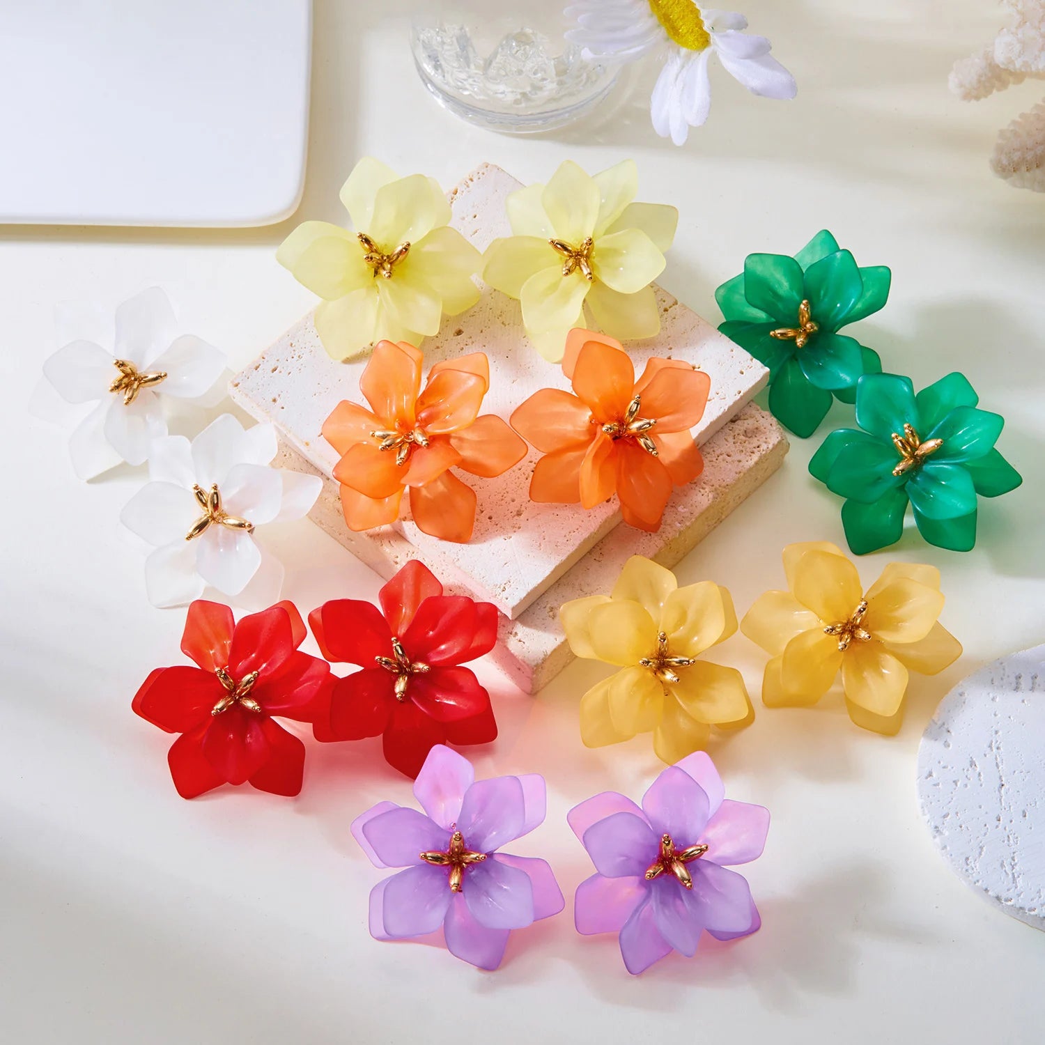 Pendientes de Flores Grandes de Acrílico Estilo Bohemia para Mujer, Pendientes de Botón con Flores Verdes, Blancas, Rojas y Amarillas, Joyería para Fiestas y Bodas