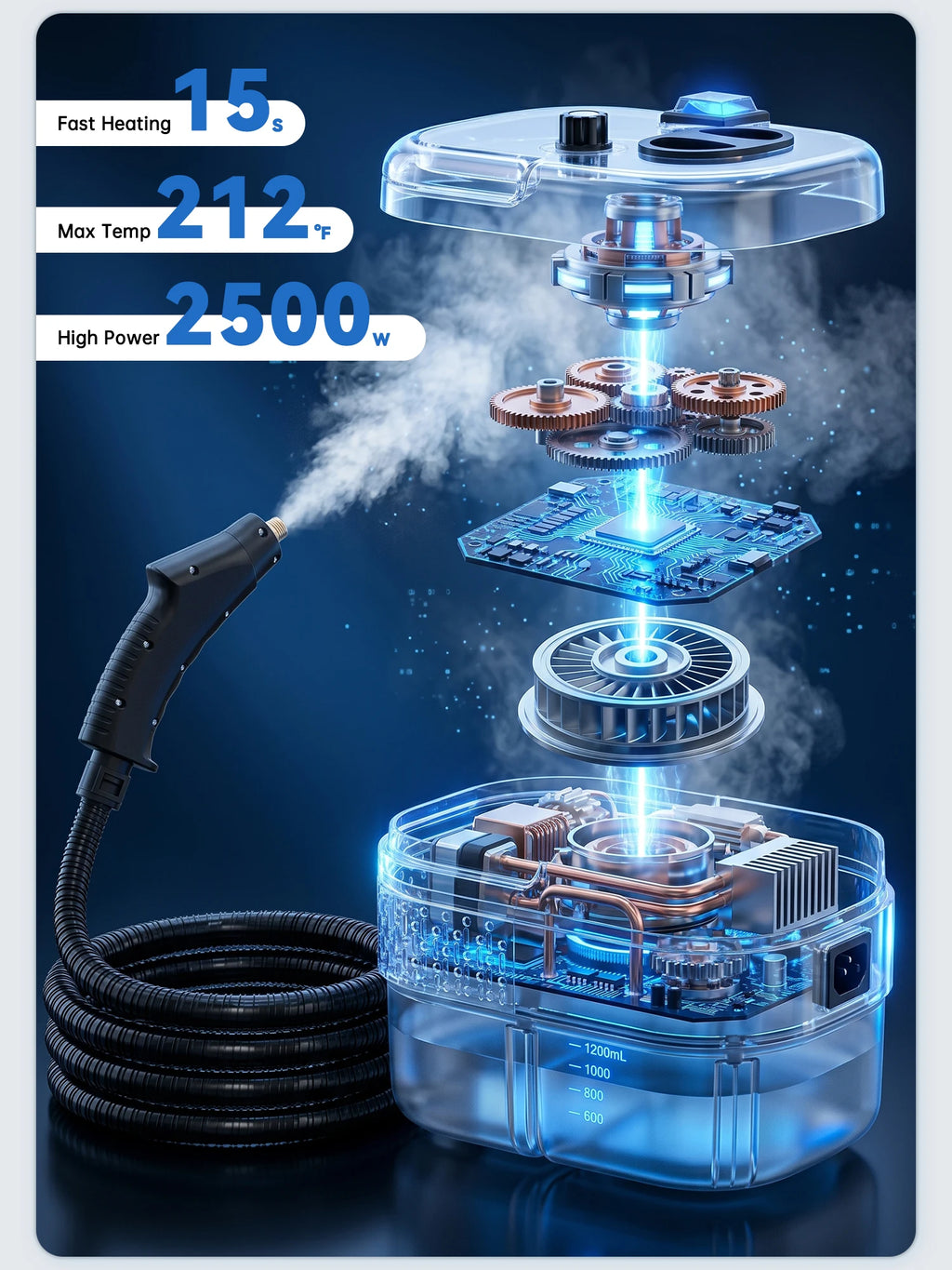 Limpiador a Vapor de Alta Temperatura de 2500W, 110V, Portátil, con Múltiples Accesorios, Enchufe Estadounidense