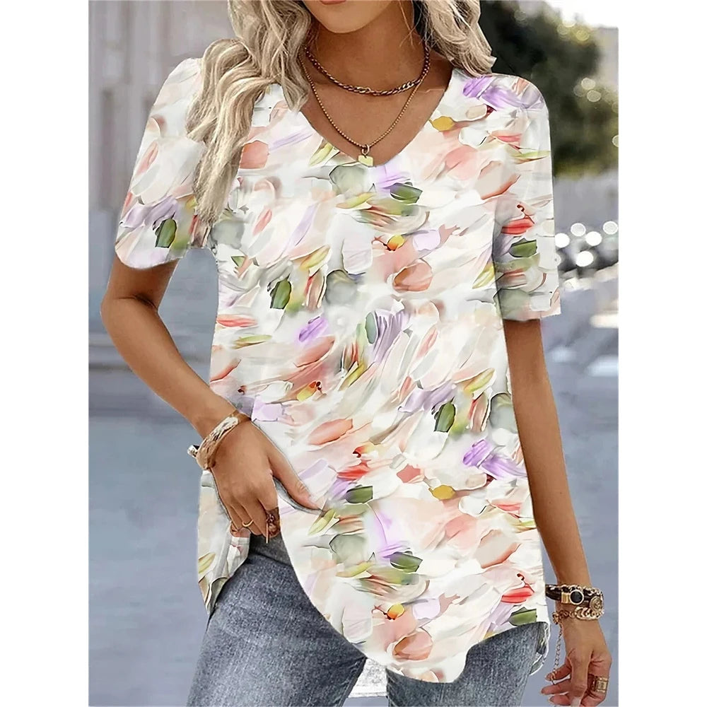 Camiseta con cuello en V para mujer, camiseta de manga corta con estampado 3D, camiseta informal holgada en blanco y negro, ropa de calle a la moda, jersey para mujer