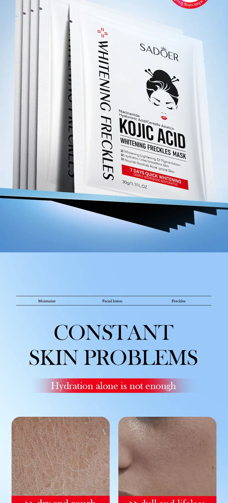 5 uds SADOER mascarilla Facial de ácido kójico hidratante brillo mascarillas faciales mascarilla de hoja belleza productos para el cuidado de la piel