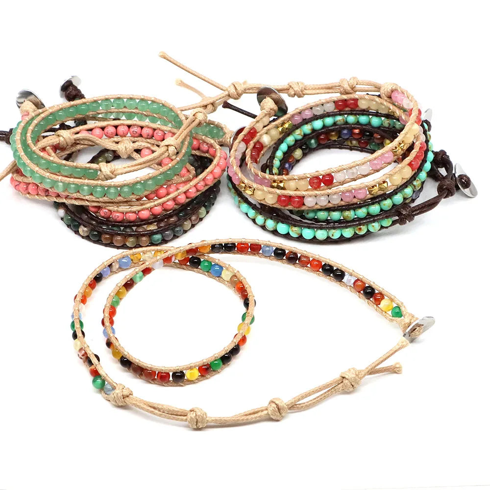 Pulsera de cuentas bohemias de piedra Natural, lapislázuli, 2 hebras, brazalete tejido de cuerda de cuero multicapa para mujeres y hombres, regalo de joyería