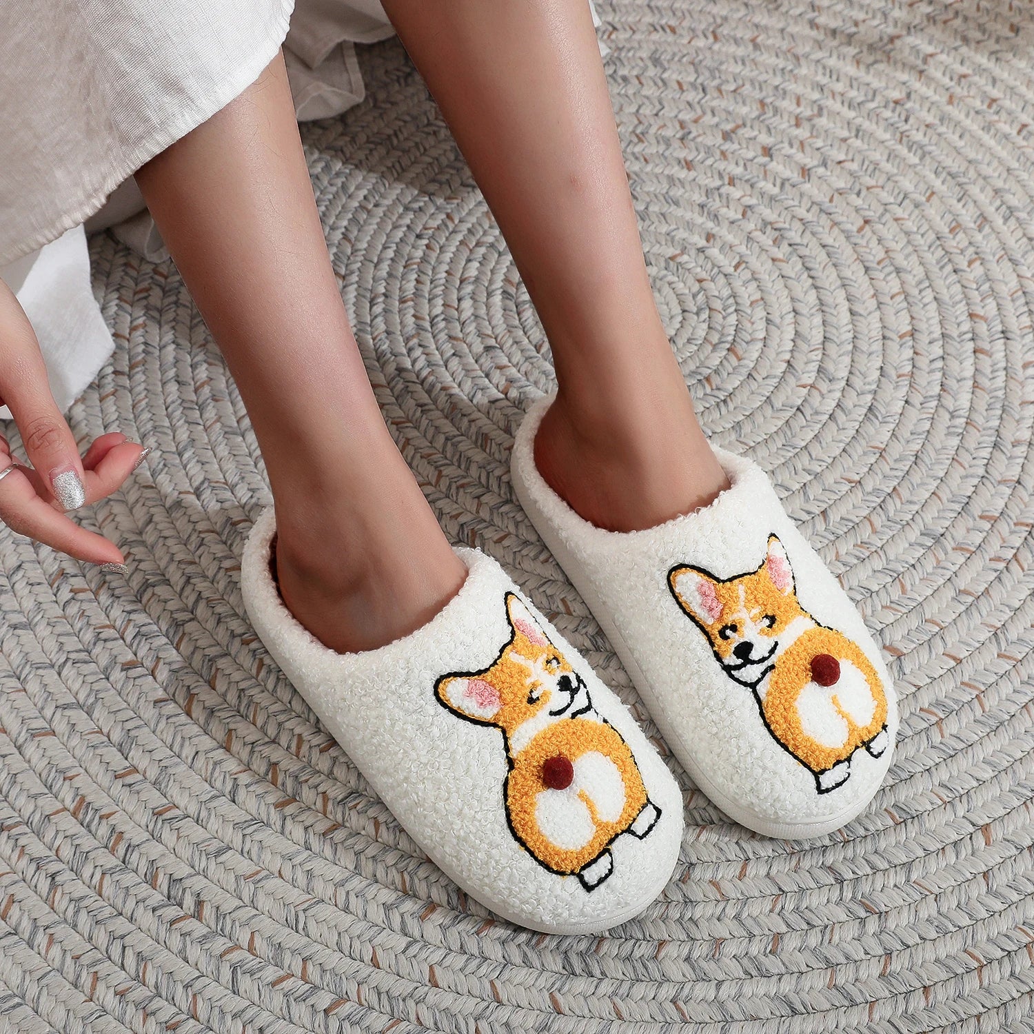 Pantuflas de algodón afelpadas y cómodas con suela gruesa, bordadas con patrón de perro Corgi, cálidas, antideslizantes, para interiores, regalo para amantes de los perros, unisex