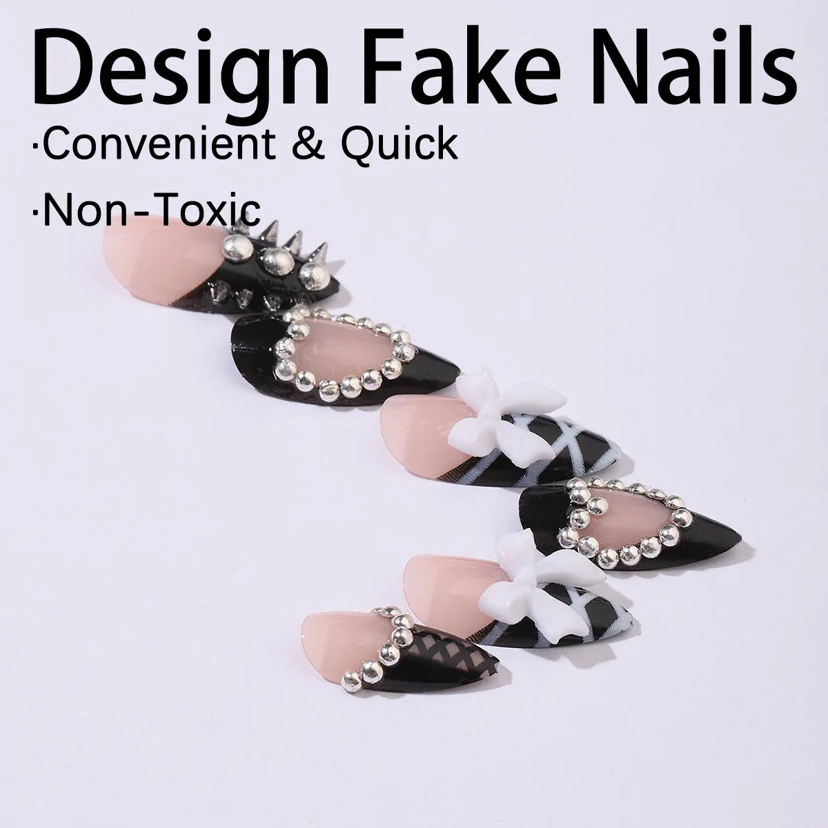 Uñas postizas negras con diseño de murciélago para Halloween, puntas de uñas decoradas con forma de almendra, con remaches y lazos, 24 unidades, uñas acrílicas reutilizables.