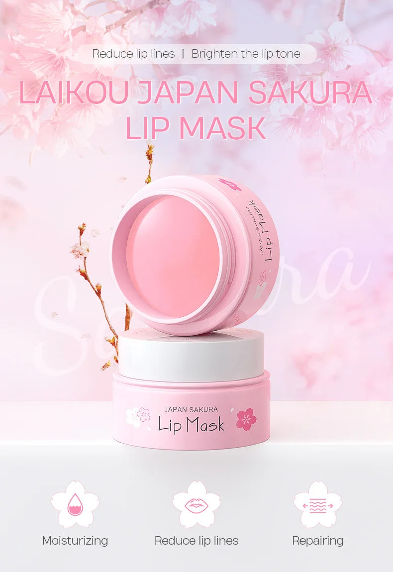 LAIKOU-mascarilla de suero labial de flor de cerezo, reparación de exfoliación de grietas secas, Reduce las líneas finas de los labios, esencia hidratante, cuidado de belleza Sakura, 8g