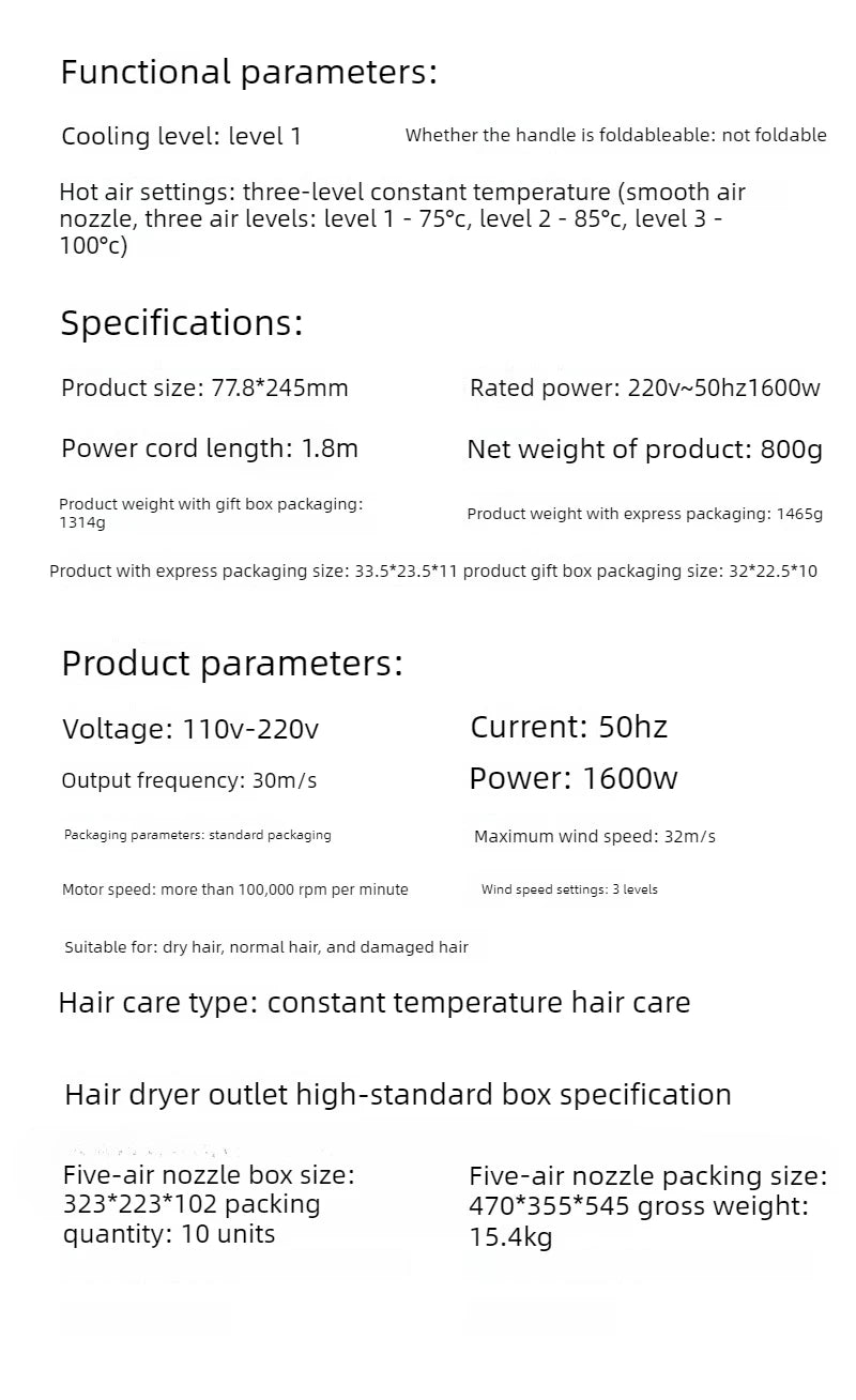 Secador de Pelo Profesional de 1.8m, Alta Potencia, 5 Boquillas, Iones Negativos, Secado Rápido, Temperatura Constante, No Daña el Cabello, Venta al Por Mayor