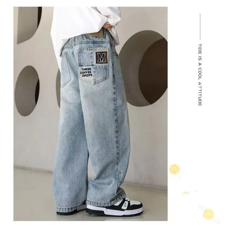 Pantalones vaqueros cálidos de invierno para niños, nuevo estilo, pantalones vaqueros holgados de pierna recta de marca a la moda para adolescentes y niños, pantalones sueltos para niños
