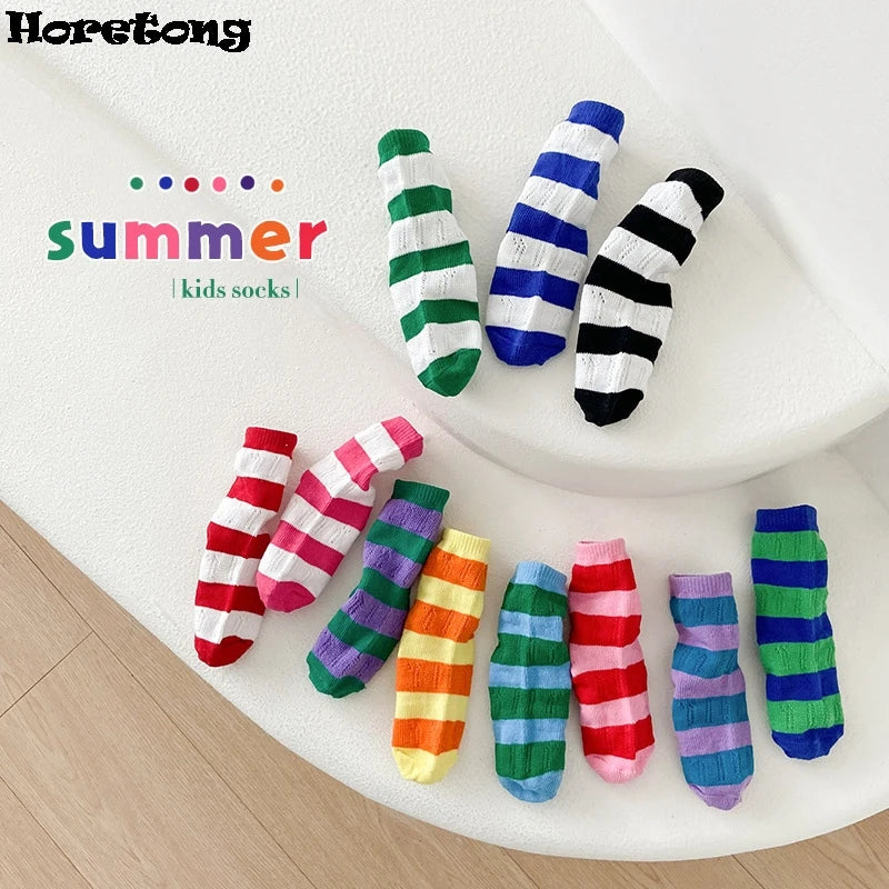 Horetong, 3 par/lote, calcetines de verano para niños de 1 a 12 años, calcetines de algodón a la moda para bebés, calcetines transpirables a rayas con contraste de colores