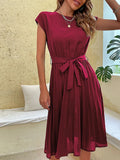 Vestido Midi plisado de manga corta para mujer, Túnica de cuello redondo, elegante, informal, Verano