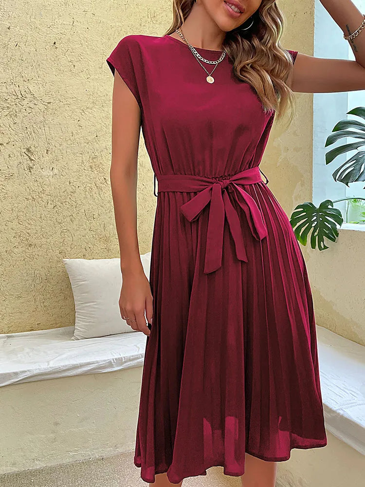 Vestido Midi plisado de manga corta para mujer, Túnica de cuello redondo, elegante, informal, Verano