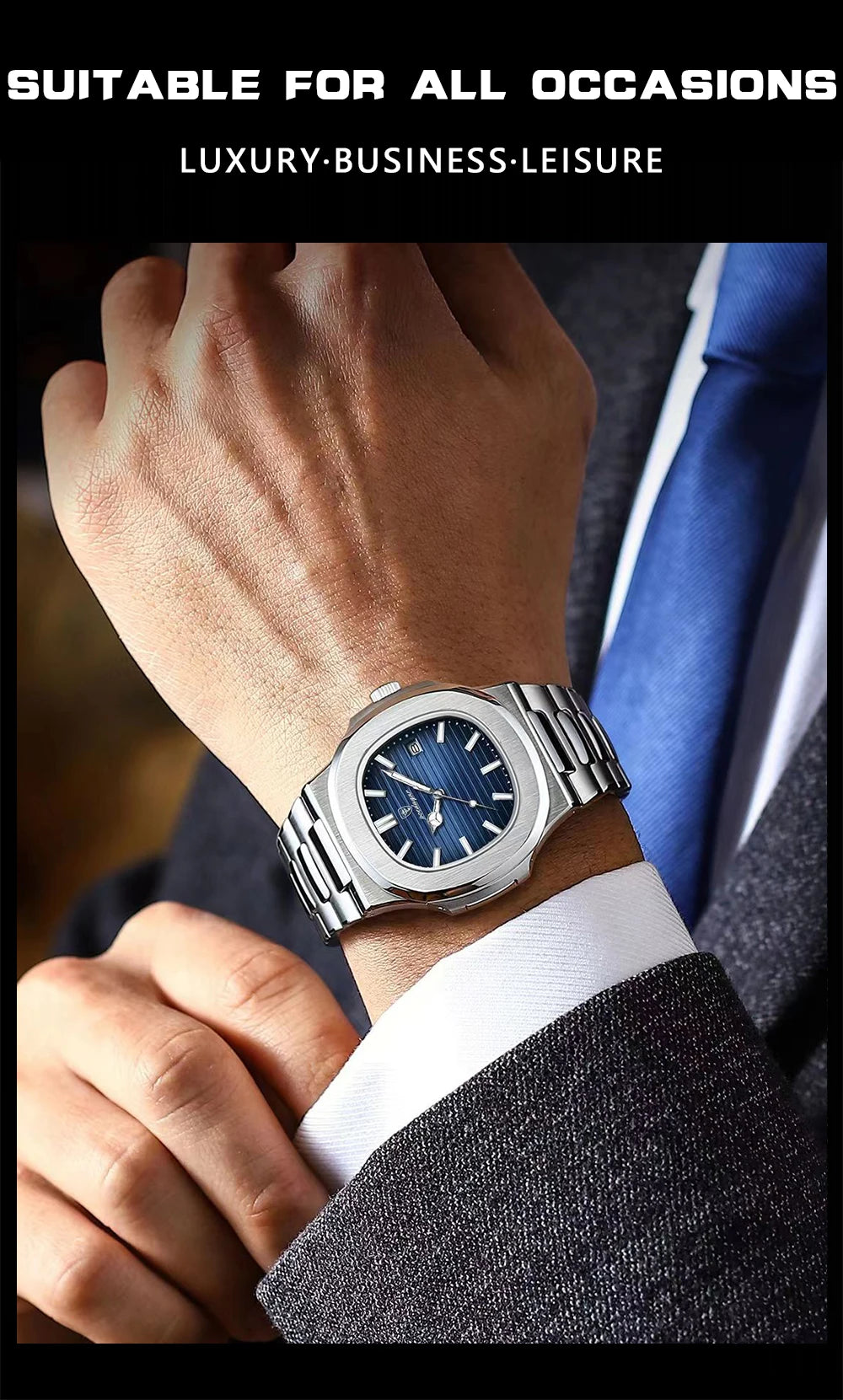 Reloj de pulsera cuadrado de lujo POEDAGAR para hombre, resistente al agua, luminoso, con fecha, de acero inoxidable, deportivo, de cuarzo, para hombre.