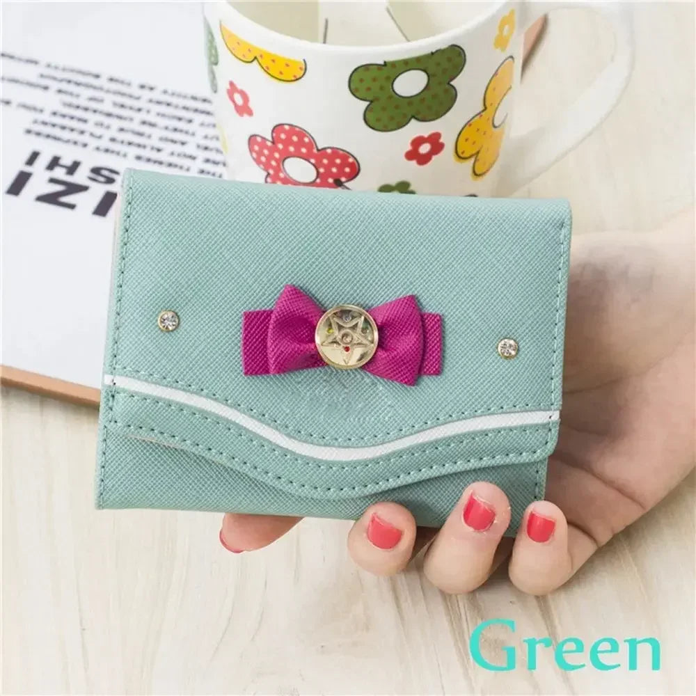 Cartera corta para mujer, bolso de mano con nudo de lazo de Color caramelo, cartera de moda para chica Sailor Moon, bolso de mano, monedero para tarjetas, nuevo Popular