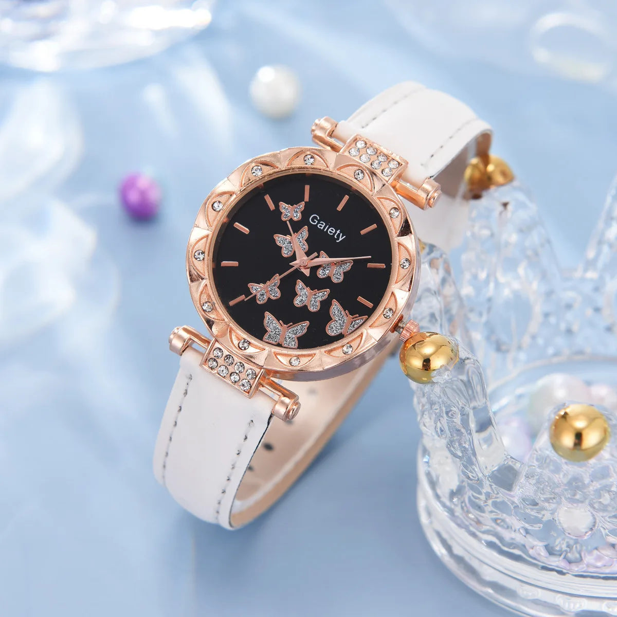 Conjunto de joyería de mariposa (sin caja), relojes para mujer, relojes de cuero para mujer, anillos, collar, pendientes, pulsera, regalo de boda