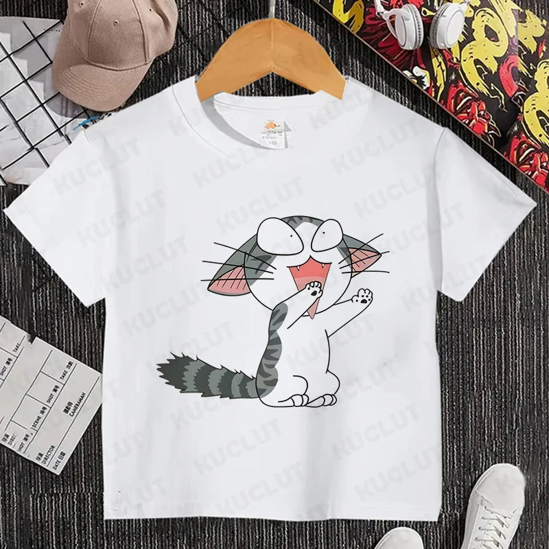 Camiseta con estampado de gato para niños y niñas, camiseta de dibujos animados, camiseta informal de manga corta, ropa cómoda y divertida para verano