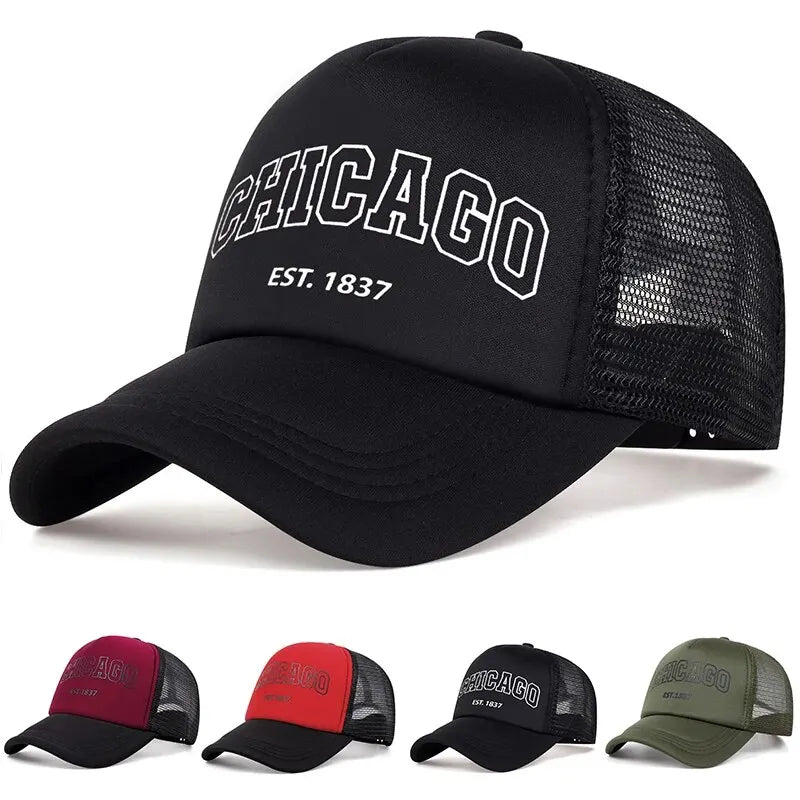 Gorra de béisbol de malla de verano para hombre, gorra Snapback con letras Chicago para deportes al aire libre para mujer, gorras transpirables Unisex, gorras de camionero de Hip Hop