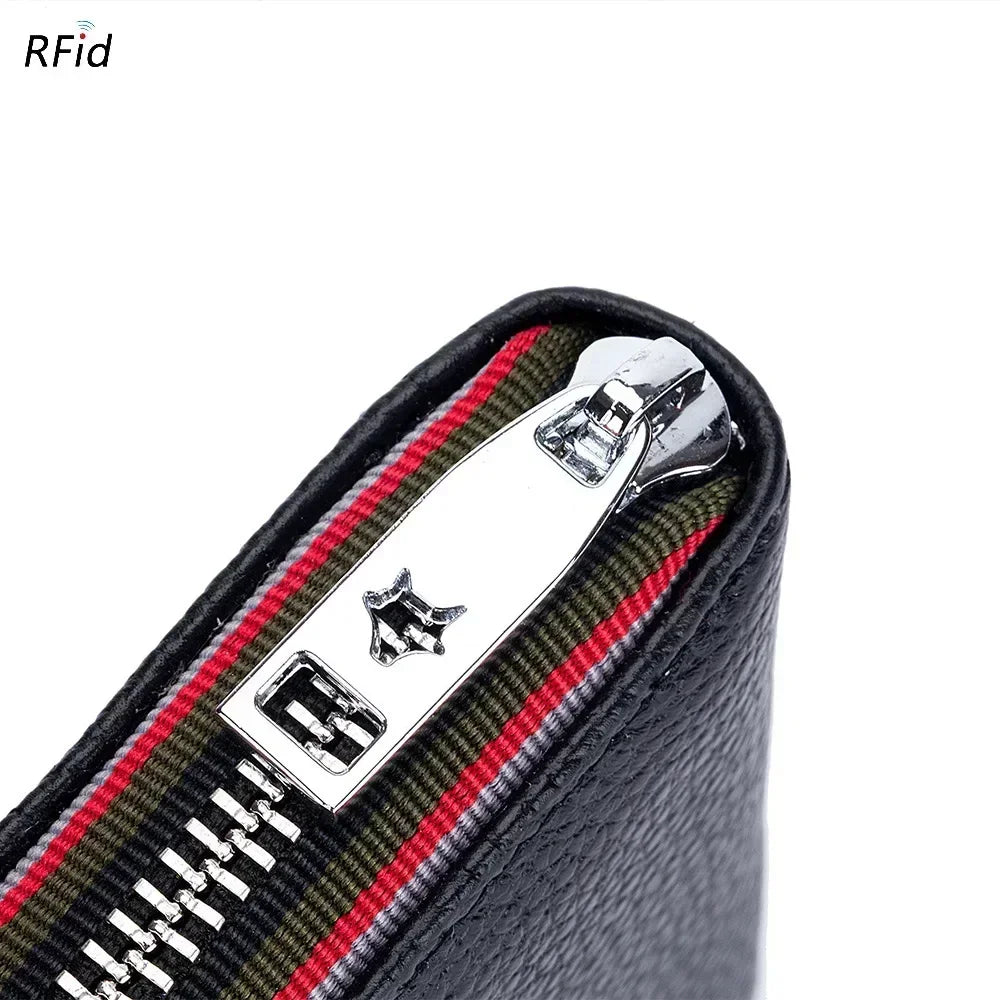 Tarjetero de cuero genuino para hombre y mujer, cartera pequeña con cremallera, monedero sólido, diseño de acordeón, identificación Rfid, bolsas para tarjetas de crédito comerciales