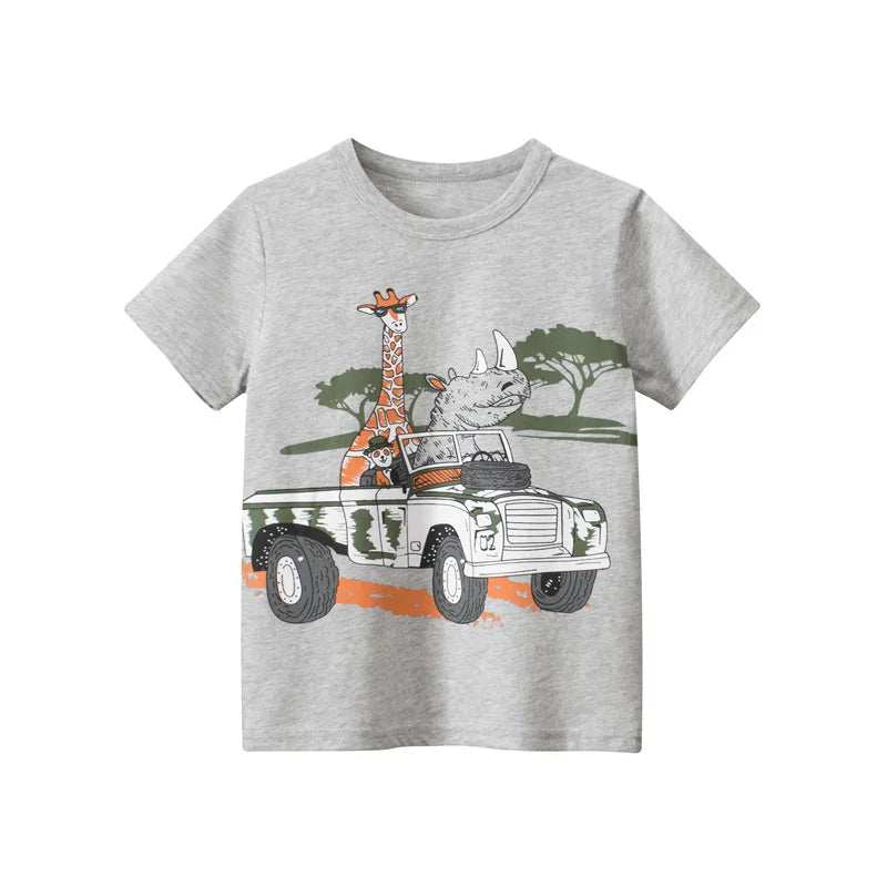 Camisetas cortas de manga corta para niños, 2023 algodón, oso, coche, animales, dibujos animados, Top deportivo informal, 100%