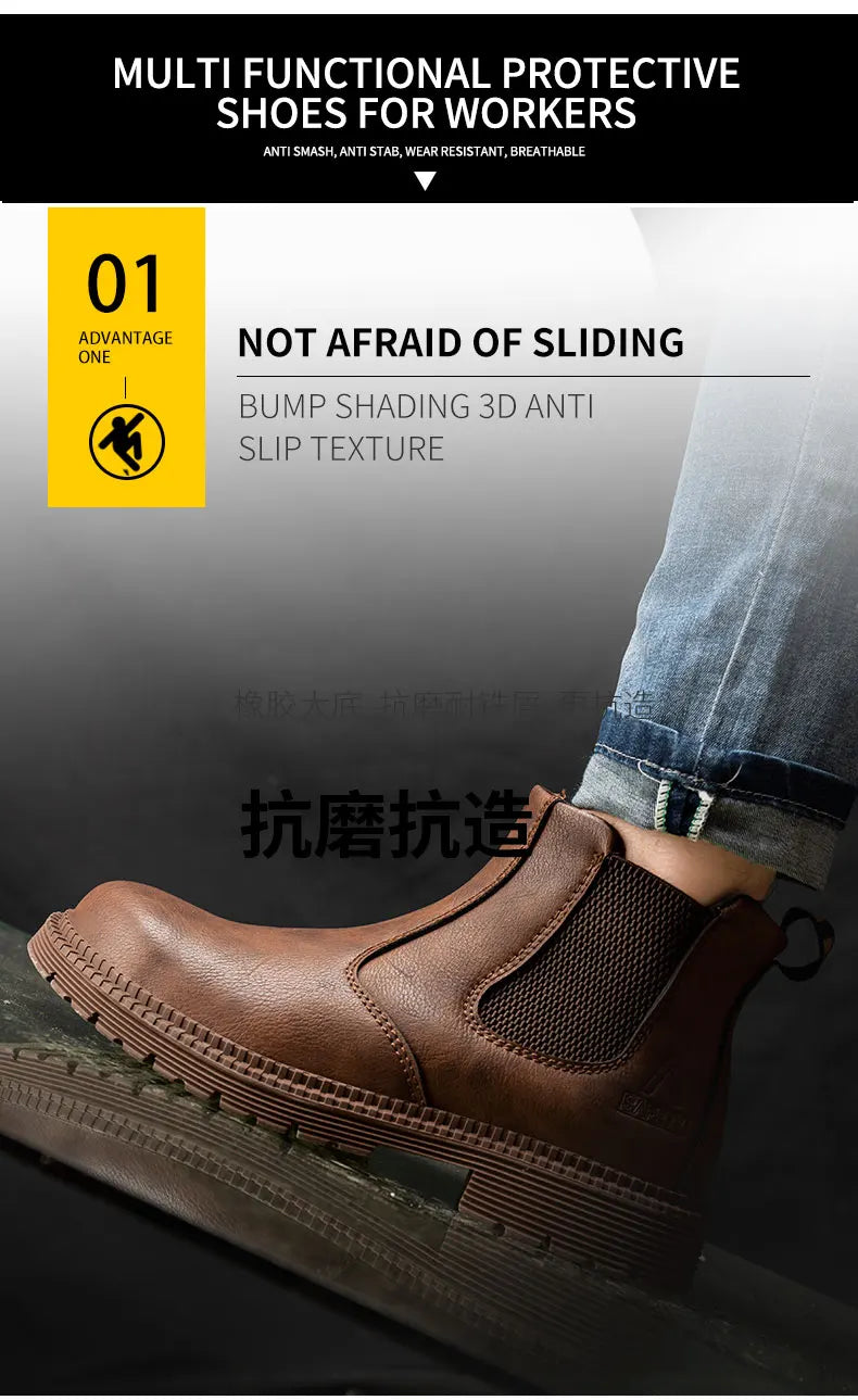 Botas de trabajo Lerther para hombre, zapatos de seguridad indestructibles, zapatillas de trabajo a prueba de pinchazos con punta de acero, zapatos de trabajo para hombre