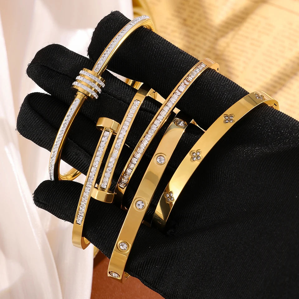 Pulsera apilable de acero de titanio para parejas, brazaletes de acero inoxidable con circonitas brillantes, color dorado, regalo de joyería para mujer