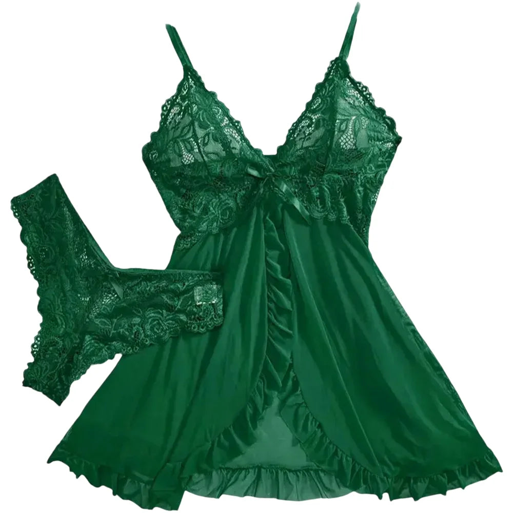 Conjunto de 2 uds de camisón de encaje para mujer, ropa de casa exquisita, nuevo pijama verde para la noche, camisón transparente dividido, conjuntos de bragas con sujetador con cuello en V
