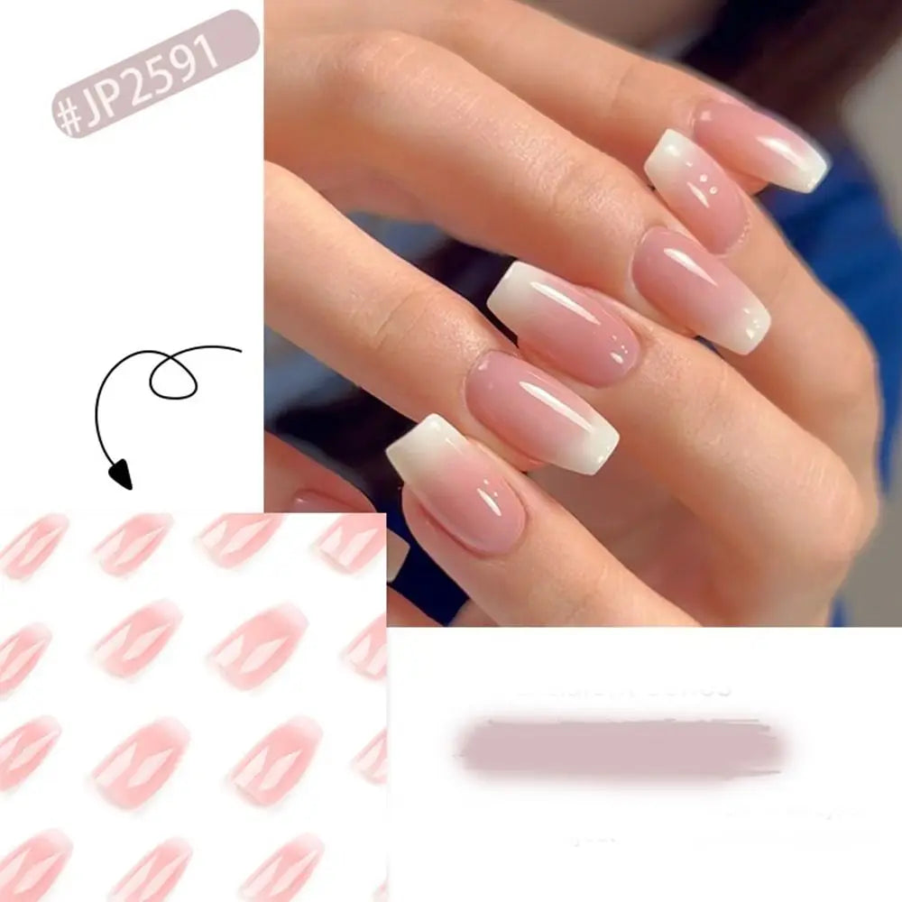24 Uñas Postizas Degradadas Francesas Estilo Bailarina, Resistentes al Agua, Forma Ataúd Mediano, Uñas Falsas, Puntas de Uñas a Presión