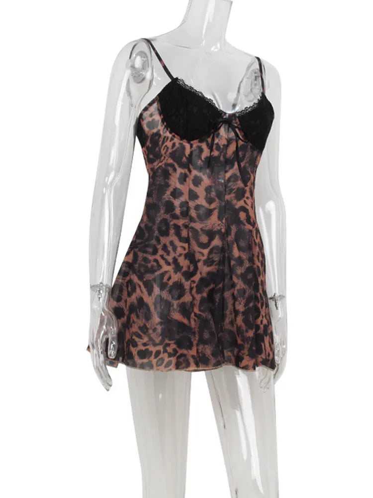 Ahagaga-Mini Vestidos sexis de leopardo para mujer, camisola sin mangas con cuello en V, lazos de encaje ajustados, ropa de calle sin espalda, Vestidos ceñidos