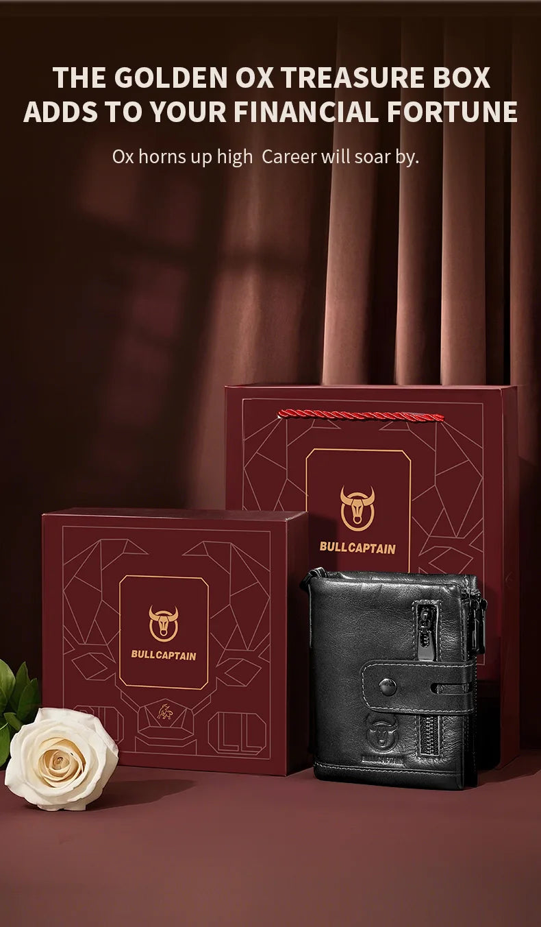 Cartera Bullcaptain de cuero genuino para hombre, monedero de viaje de calidad a la moda, protección Rfid, tarjetero Wollst para hombre con cadena