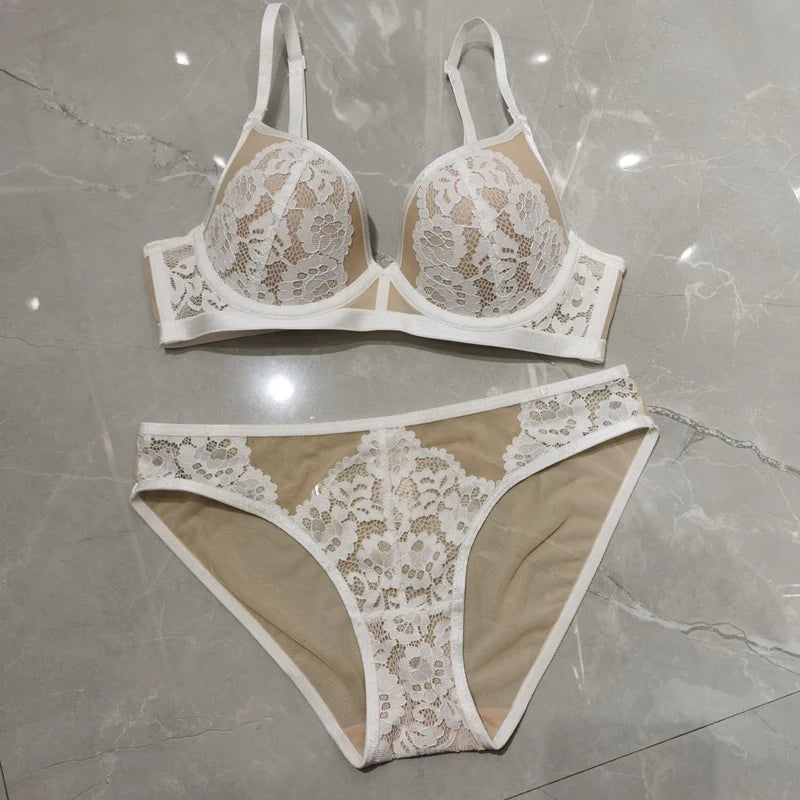 Conjunto de sujetador y bragas con forro fino de retazos de encaje sin espalda en U, ropa interior con realce, lencería hermosa para mujer, bragas de malla