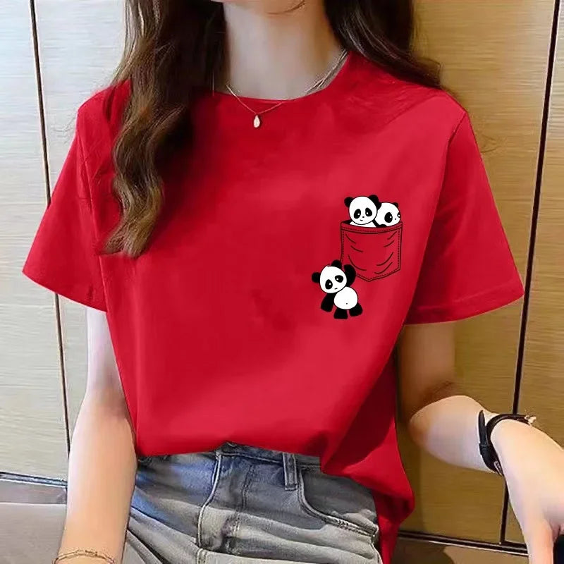 Top de manga corta para mujer, novedad de verano, Camiseta con estampado de dibujos animados de Panda de bolsillo, Tops de moda coreana para mujer, camiseta holgada con cuello redondo para mujer