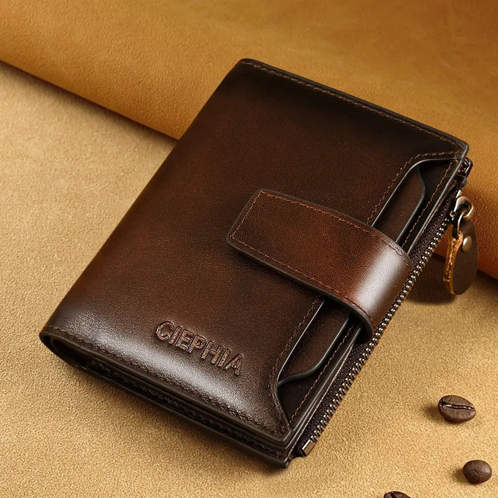 CIEPHIA Cartera Retro de cuero genuino para hombre, monedero antirrobo con cremallera, capa superior de piel de vaca, uso diario informal de negocios