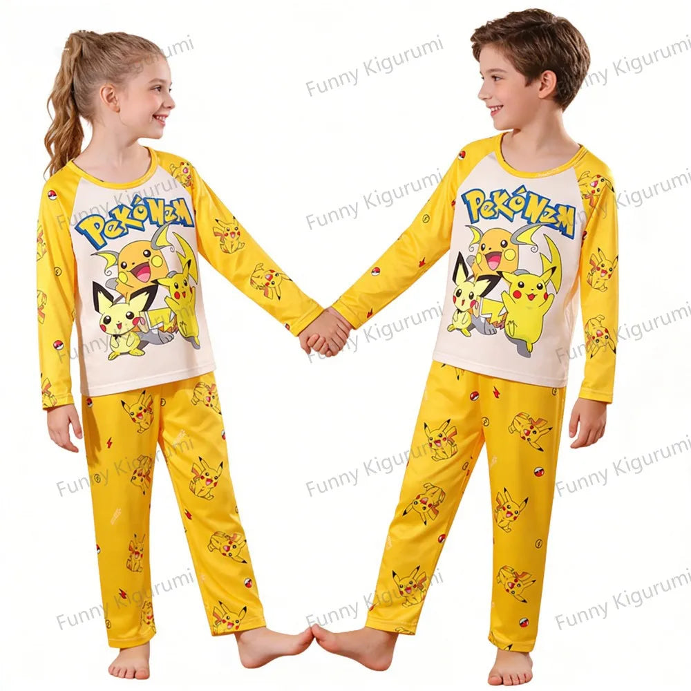 Pijamas de dibujos animados para niños de 3 a 5, 7, 9, 11 y 13 años, conjuntos de ropa para el hogar para niños, pijamas de Pikachu de manga larga para niñas, ropa de descanso para adolescentes